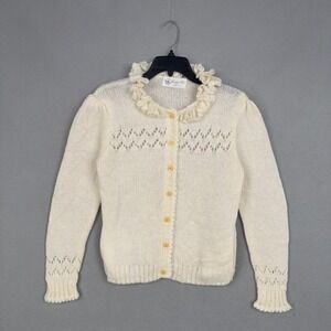 Vintage Sweater Bee Cardigan Womens Medium Ivory Ruffle Pointelle Knit Coquette